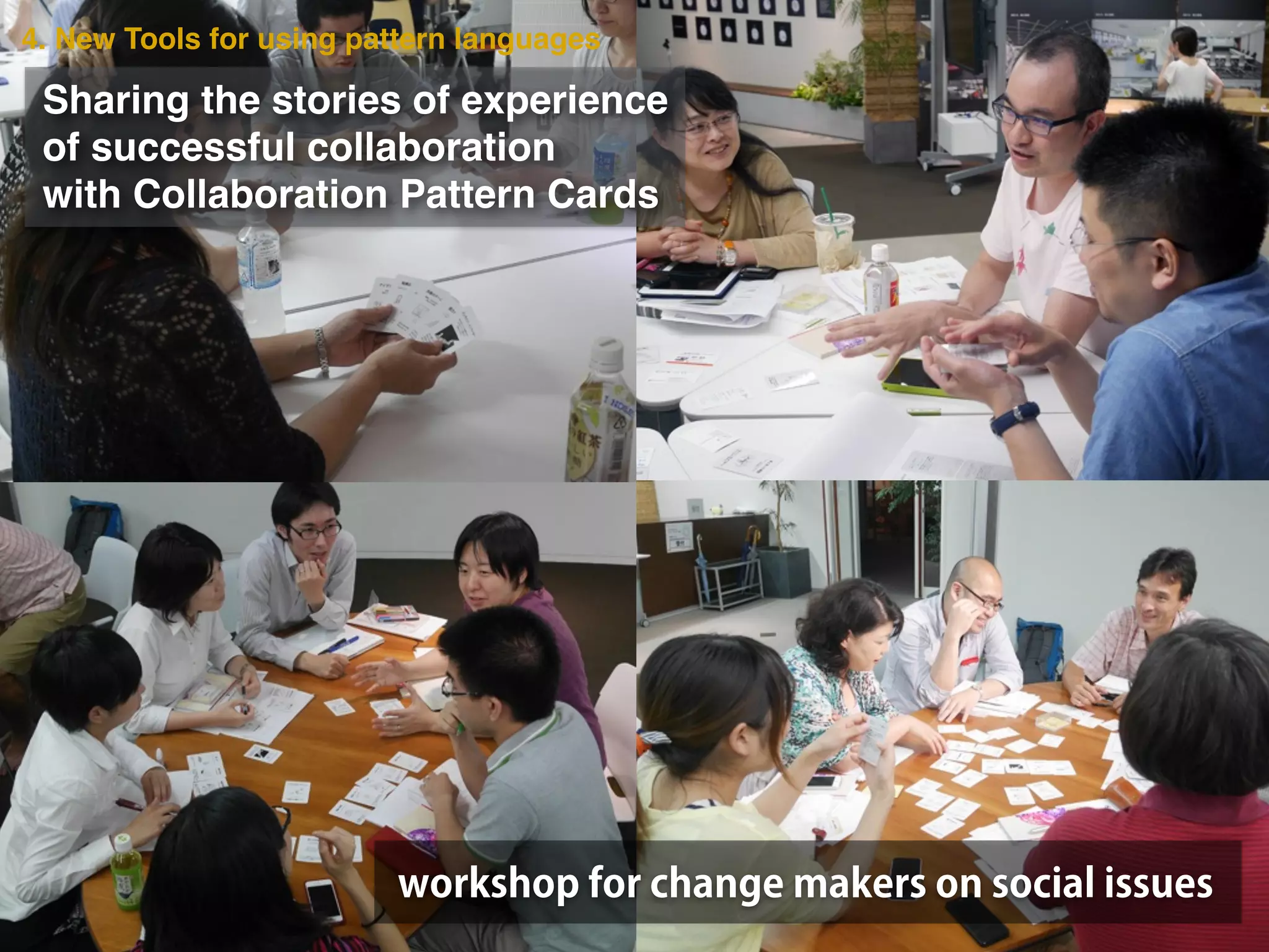 Sharing the stories of experience!
of successful collaboration!
with Collaboration Pattern Cards
workshop for change makers on social issues
4. New Tools for using pattern languages
 
