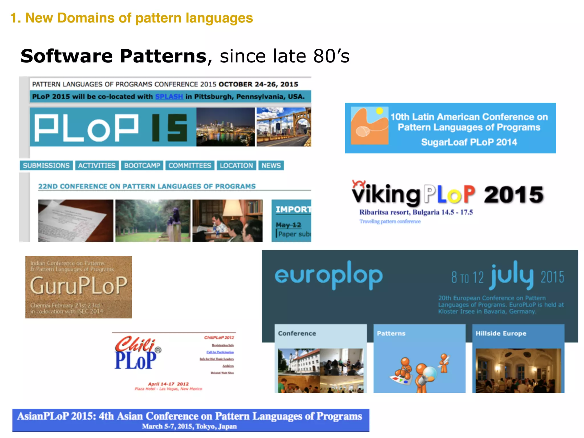 Software Patterns, since late 80’s
1. New Domains of pattern languages
 