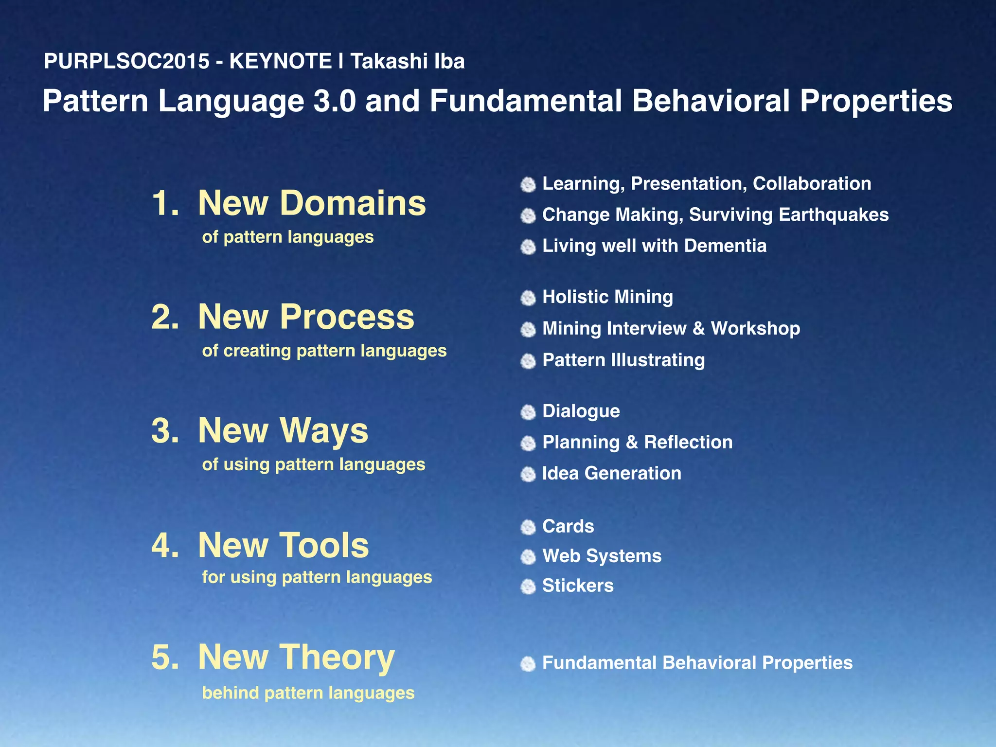 New Process2.
of creating pattern languages
Holistic Mining
Mining Interview & Workshop
Pattern Illustrating
New Ways3.
of using pattern languages
Dialogue
Planning & Reﬂection
Idea Generation
New Tools4.
for using pattern languages
Cards
Web Systems
Stickers
New Theory5.
behind pattern languages
of pattern languages
New Domains1.
Learning, Presentation, Collaboration
Change Making, Surviving Earthquakes
Living well with Dementia
Fundamental Behavioral Properties
PURPLSOC2015 - KEYNOTE | Takashi Iba
Pattern Language 3.0 and Fundamental Behavioral Properties
 