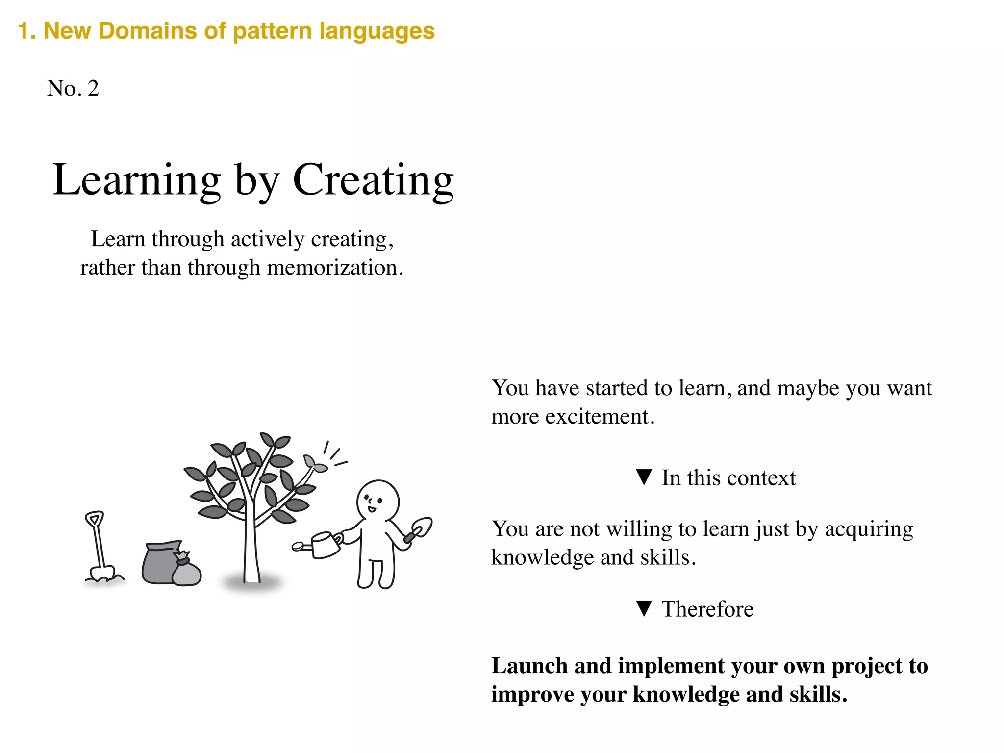 Learning by Creating
Learn through actively creating, 	

rather than through memorization.
You have started to learn, and maybe you want
more excitement.
▼ In this context
You are not willing to learn just by acquiring
knowledge and skills.
Launch and implement your own project to
improve your knowledge and skills.
▼ Therefore
No. 2
1. New Domains of pattern languages
 