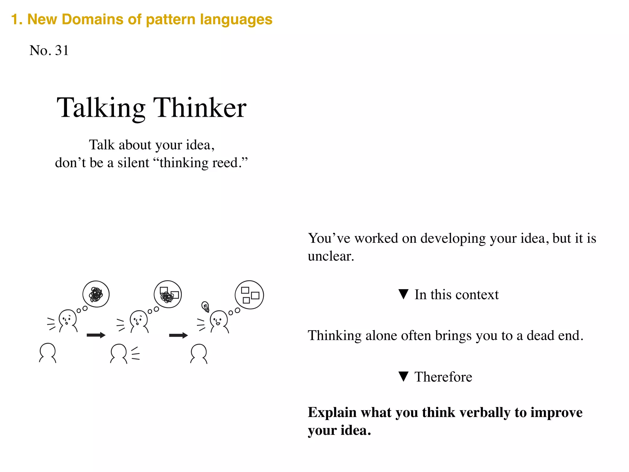 Talking Thinker
Talk about your idea, 	

don’t be a silent “thinking reed.”
You’ve worked on developing your idea, but it is
unclear.
▼ In this context
Thinking alone often brings you to a dead end.
Explain what you think verbally to improve
your idea.
▼ Therefore
No. 31
1. New Domains of pattern languages
 