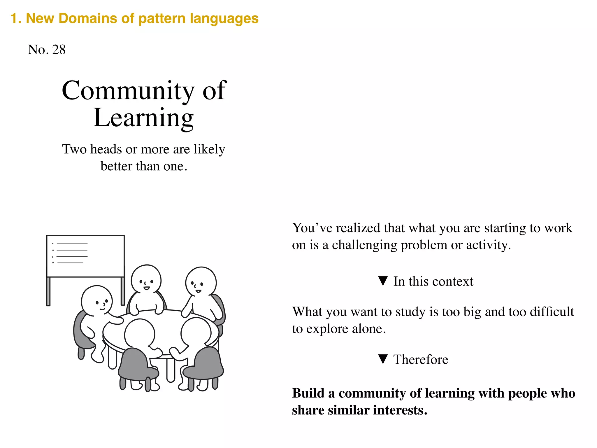 Community of
Learning
Two heads or more are likely 	

better than one.
You’ve realized that what you are starting to work
on is a challenging problem or activity.
▼ In this context
What you want to study is too big and too difﬁcult
to explore alone.
Build a community of learning with people who
share similar interests.
▼ Therefore
No. 28
1. New Domains of pattern languages
 
