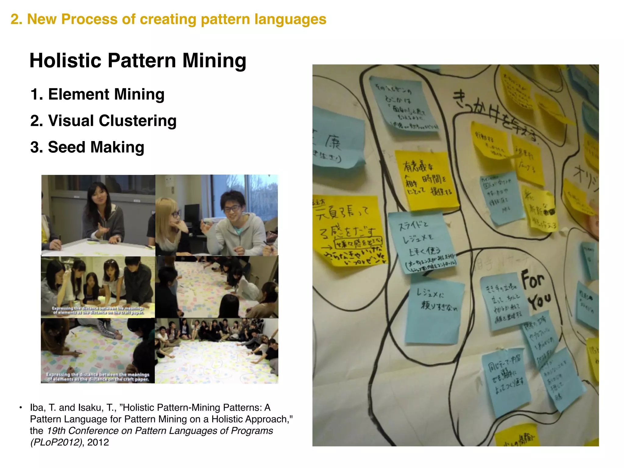 1. Element Mining!
!
2. Visual Clustering!
!
3. Seed Making
2. New Process of creating pattern languages
Holistic Pattern Mining
• Iba, T. and Isaku, T., ”Holistic Pattern-Mining Patterns: A
Pattern Language for Pattern Mining on a Holistic Approach,"
the 19th Conference on Pattern Languages of Programs
(PLoP2012), 2012
 