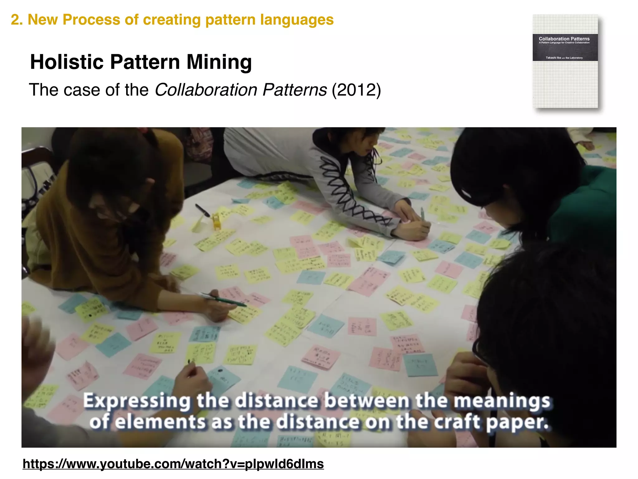 The case of the Collaboration Patterns (2012)
A Creative Collaboration creates new values that can change the
world. In a Creative Collaboration, an emergent vigor is
produced where team members motivate each other and grow
together. This new vigor cannot be attributed to any one team
member but to the team as a whole. How can such a Creative
Collaboration be achieved? The secrets are scribed in this book.
Collaboration Patterns presents 34 distinct patterns that show
tips, methods, and views for a successful collaboration.
The Collaboration Patterns are written as a pattern language that
summarizes the design knowledge that develops from a person’s
experience into the form of a pattern. It pairs a problem that
occurs in a certain context of a design with its solution and gives
it a name. The users of a pattern language must select a pattern
on the basis of the context in which it is being used, and fit the
abstract solution to their specific situation.
The Collaboration Patterns here are in a pattern language that
helps a team achieve a Creative Collaboration. Along with
discovering ways to practice effective teamwork, we hope you
can also imagine the possibilities pattern languages offer. Read
through the pages and use any or all of the Collaboration
Patterns to make your collaborative projects successful.
Takashi Iba is an associate professor at the Faculty of Policy
Management and the Graduate School of Media and
Governance at Keio University, Japan. He received a Ph.D. in
Media and Governance from Keio University in 2003, and
continued as a visiting scholar at the MIT Center for Collective
Intelligence during the 2009 academic year. With collaborating
with his students, Dr. Iba created many pattern languages
concerning human actions. He authored Learning Patterns
(2014), Presentation Patterns (2014), and many academic books
in Japanese such as the bestselling Introduction to Complex
Systems (1998).
Takashi Iba with Iba Laboratory
Collaboration Patterns
A Pattern Language for Creative Collaboration
CreativeShiftIBACollaborationPatterns―APatternLanguageforCreativeCollaborations
Holistic Pattern Mining
2. New Process of creating pattern languages
https://www.youtube.com/watch?v=plpwld6dIms
 
