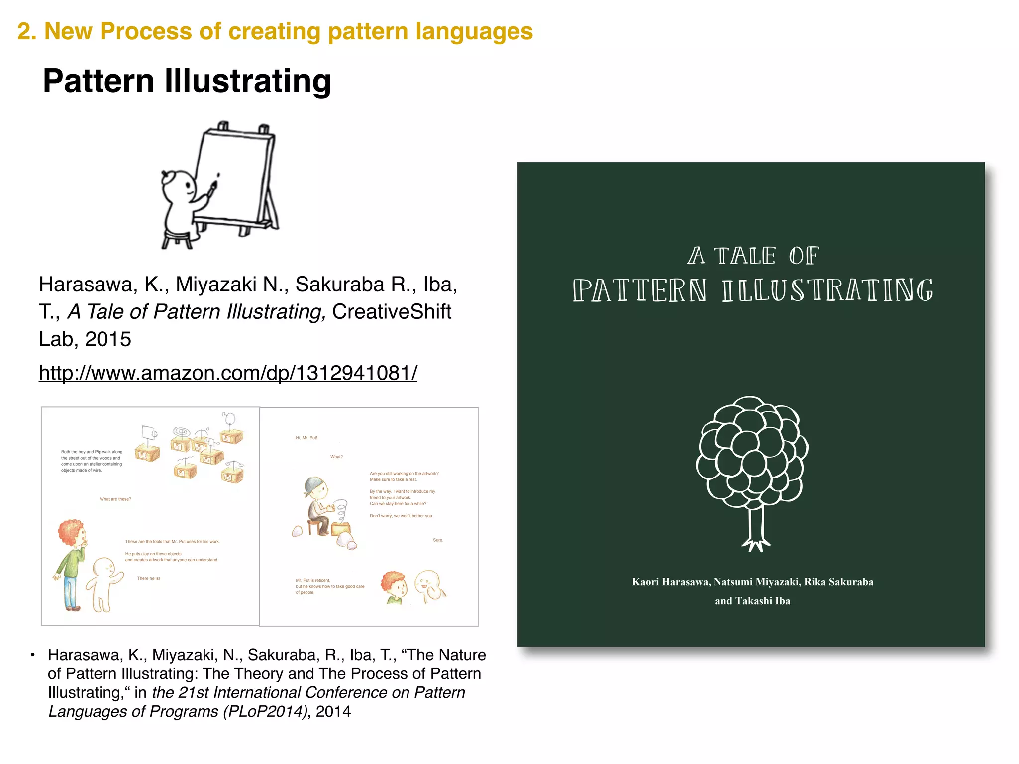 Harasawa, K., Miyazaki N., Sakuraba R., Iba,
T., A Tale of Pattern Illustrating, CreativeShift
Lab, 2015
• Harasawa, K., Miyazaki, N., Sakuraba, R., Iba, T., “The Nature
of Pattern Illustrating: The Theory and The Process of Pattern
Illustrating,“ in the 21st International Conference on Pattern
Languages of Programs (PLoP2014), 2014
Kaori Harasawa, Natsumi Miyazaki, Rika Sakuraba
and Takashi Iba
9410837813129
ISBN 978-1-312-94108-3
90000
CreativeShift
http://www.amazon.com/dp/1312941081/
What are these?
These are the tools that Mr. Put uses for his work.
He puts clay on these objects
and creates artwork that anyone can understand.
There he is!
Both the boy and Pip walk along
the street out of the woods and
come upon an atelier containing
objects made of wire.
Hi, Mr. Put!
What?
Sure.
Are you still working on the artwork?
Make sure to take a rest.
By the way, I want to introduce my
friend to your artwork.
Can we stay here for a while?
Don’t worry, we won’t bother you.
Mr. Put is reticent,
but he knows how to take good care
of people.
Pattern Illustrating
2. New Process of creating pattern languages
 