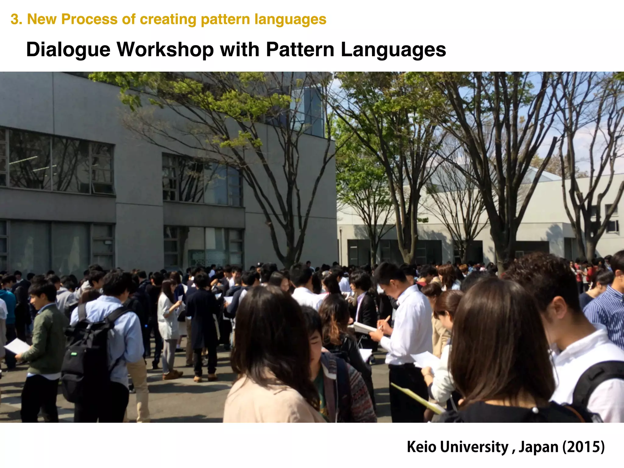 3. New Process of creating pattern languages3. New Process of creating pattern languages
Dialogue Workshop with Pattern Languages
Keio University , Japan (2015)
 