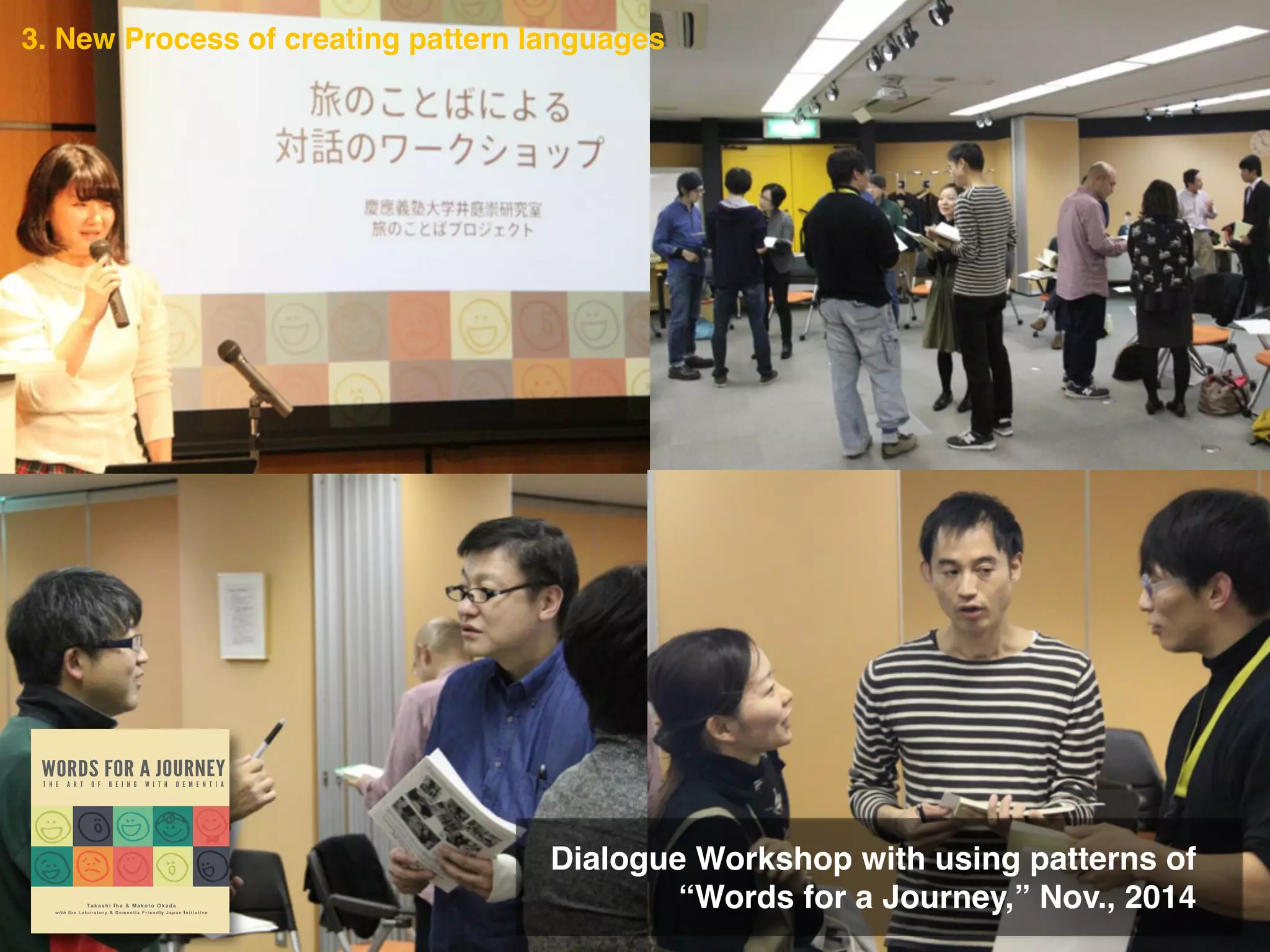 Dialogue Workshop with using patterns of
“Words for a Journey,” Nov., 201490000
3. New Process of creating pattern languages
 