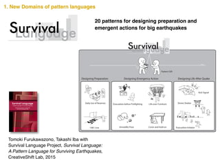 Tomoki Furukawazono, Takashi Iba with
Survival Language Project, Survival Language:
A Pattern Language for Surviving Earthquakes,
CreativeShift Lab, 2015
20 patterns for designing preparation and
emergent actions for big earthquakes
1. New Domains of pattern languages
Survival
Survival
S urvival
Designing Preparation Designing Emergency Action Designing Life After Quake
Survival Language Project ilab-survival@sfc.keio.ac.jp
Daily Use of Reserves
1981 Line
Evacuation before Firefighting
Armadillo Pose Cover and Hold on
Life over Furniture
Kick Signal
Shrine Shelter
Evacuation Initiator
Pattern Gift
vival when
s proposal
apan have
avoidable
dge about
ely.
ual level. It
vernmental
wever, such
critical to
e personal
ons before,
earthquake
Graduate
e is a senior
earned a
School of
is currently
thought of
y of Policy
a Ph.D. in
llaborating
languages
erns (2014),
(2014).
Survival Language
A Pattern Language for Surviving Earthquakes
Tomoki Furukawazono & Takashi Iba
with Survival Language Project
CreativeShiftSurvivalLanguage-­APatternLanguageforSurvivingEarthquakes
 