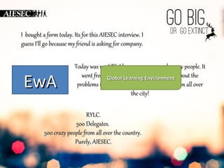 I bought a form today. IIttss ffoorr tthhiiss AAIIEESSEECC iinntteerrvviieeww.. II 
gguueessss II’’llll ggoo bbeeccaauussee mmyy ffrriieenndd iiss aasskkiinngg ffoorr ccoommppaannyy.. 
TTooddaayy wwaass mmyy LLTTSS.. II hhaavvee nneevveerr sseeeenn ssuucchh ccrraazzyy ppeeooppllee.. IItt 
wweenntt ffrroomm ddaanncciinngg && sshhoouuttiinngg ttoo ttaallkkiinngg aabboouutt tthhee 
pprroobblleemmss iinn tthhee wwoorrlldd ttoo ttaallkkiinngg ttoo ppeeooppllee ffrroomm aallll oovveerr 
EEwwAA GGlloobbaall LLeeaarrnniinngg EEnnvviirroonnmmeenntt 
tthhee cciittyy!! 
RRYYLLCC.. 
550000 DDeelleeggaatteess.. 
550000 ccrraazzyy ppeeooppllee ffrroomm aallll oovveerr tthhee ccoouunnttrryy.. 
PPuurreellyy,, AAIIEESSEECC.. 
 