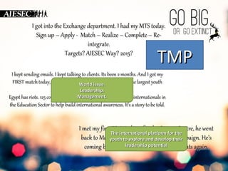 d I got into the Exchange deeppaarrttmmeenntt.. II hhaadd mmyy MMTTSS ttooddaayy.. 
SSiiggnn uupp –– AAppppllyy -- MMaattcchh –– RReeaalliizzee –– CCoommpplleettee –– RRee-- 
iinntteeggrraattee.. 
TTaarrggeettss?? AAIIEESSEECC WWaayy?? 22001155?? 
TTMMPP 
II kkeepptt sseennddiinngg eemmaaiillss.. II kkeepptt ttaallkkiinngg ttoo cclliieennttss.. IIttss bbeeeenn 22 mmoonntthhss.. AAnndd II ggoott mmyy 
FFIIRRSSTT mmaattcchh ttooddaayy,, sshhee’’ss ffrroomm EEggyypptt.. SShhee wwaass aa tteeaammsstteerr ffoorr tthhee llaarrggeesstt yyoouutthh 
ccoonnggrreeggaattiioonn iinn tthhee wwoorrlldd!! IICC 22001133.. 
EEggyypptt hhaass rriioottss.. 112255 ccoouunnttrriieess aarree mmeeeettiinngg ttoo ttaallkk aabboouutt bbrriinnggiinngg iinntteerrnnaattiioonnaallss iinn 
tthhee EEdduuccaattiioonn SSeeccttoorr ttoo hheellpp bbuuiilldd iinntteerrnnaattiioonnaall aawwaarreenneessss.. IItt’’ss aa ssttoorryy ttoo bbee ttoolldd.. 
II mmeett mmyy ffiirrsstt EEPP.. WWoorrkkiinngg ffoorr tthhee CCaanncceerr CCeennttrree,, hhee wweenntt 
bbaacckk ttoo MMeexxiiccoo TThhee ttoo iinntteerrnnaattiioonnaall yyoouutthh ssttaarrtt ttoo eexxpplloorree tthhiiss ffuunndd--ppllaattffoorrmm aanndd ddeevveelloopp rraaiissiinngg ffoorr tthhee 
tthheeiirr 
ccaammppaaiiggnn.. HHee’’ss 
ccoommiinngg bbaacckk iinn DDeecceemmbbeerr lleeaaddeerrsshhiipp ttoo ppootteennttiiaall 
mmeeeett hhiiss ssttuuddeennttss aaggaaiinn.. 
WWoorrlldd iissssuuee.. 
LLeeaaddeerrsshhiipp.. 
MMaannaaggeemmeenntt.. 
 