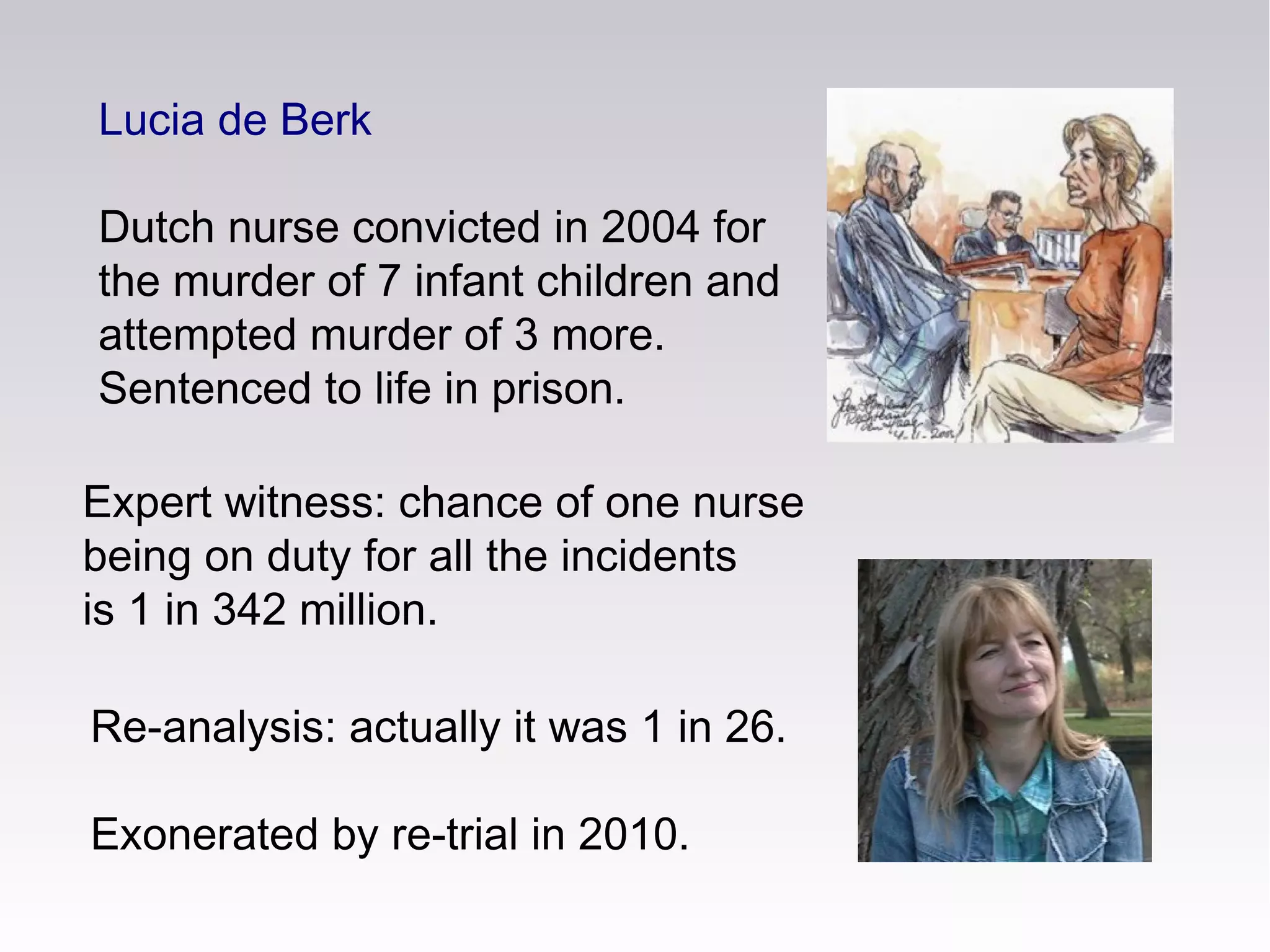 Lucia de Berk
Dutch nurse convicted in 2004 for
the murder of 7 infant children and
attempted murder of 3 more.
Sentenced to life in prison.
Expert witness: chance of one nurse
being on duty for all the incidents
is 1 in 342 million.
Re-analysis: actually it was 1 in 26.
Exonerated by re-trial in 2010.
 