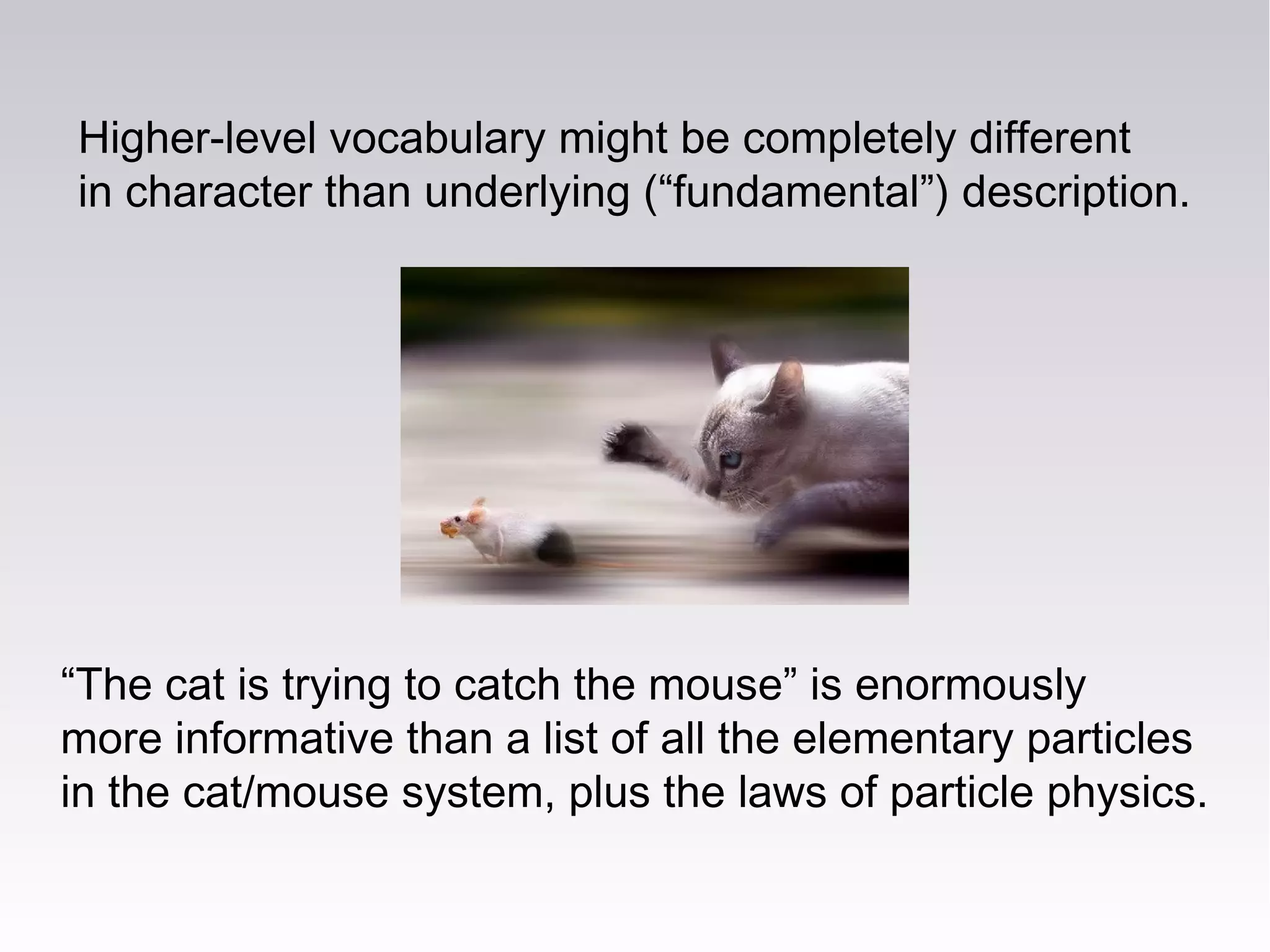 Higher-level vocabulary might be completely different
in character than underlying (“fundamental”) description.
“The cat is trying to catch the mouse” is enormously
more informative than a list of all the elementary particles
in the cat/mouse system, plus the laws of particle physics.
 