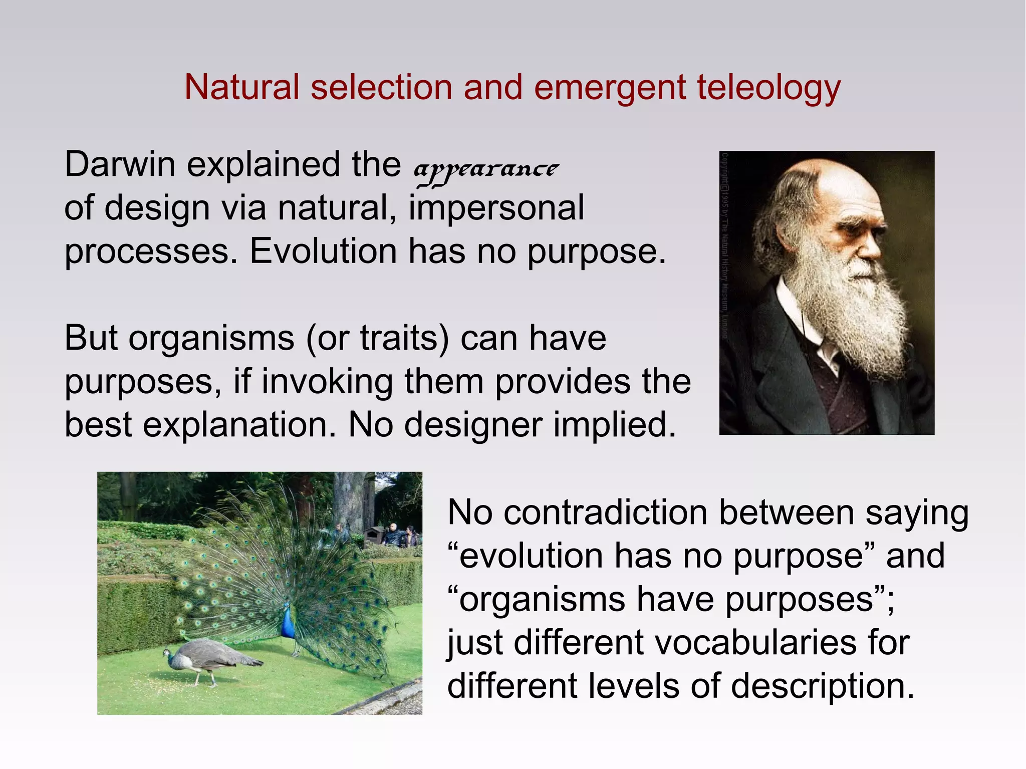 Natural selection and emergent teleology
Darwin explained the appearance
of design via natural, impersonal
processes. Evolution has no purpose.
But organisms (or traits) can have
purposes, if invoking them provides the
best explanation. No designer implied.
No contradiction between saying
“evolution has no purpose” and
“organisms have purposes”;
just different vocabularies for
different levels of description.
 
