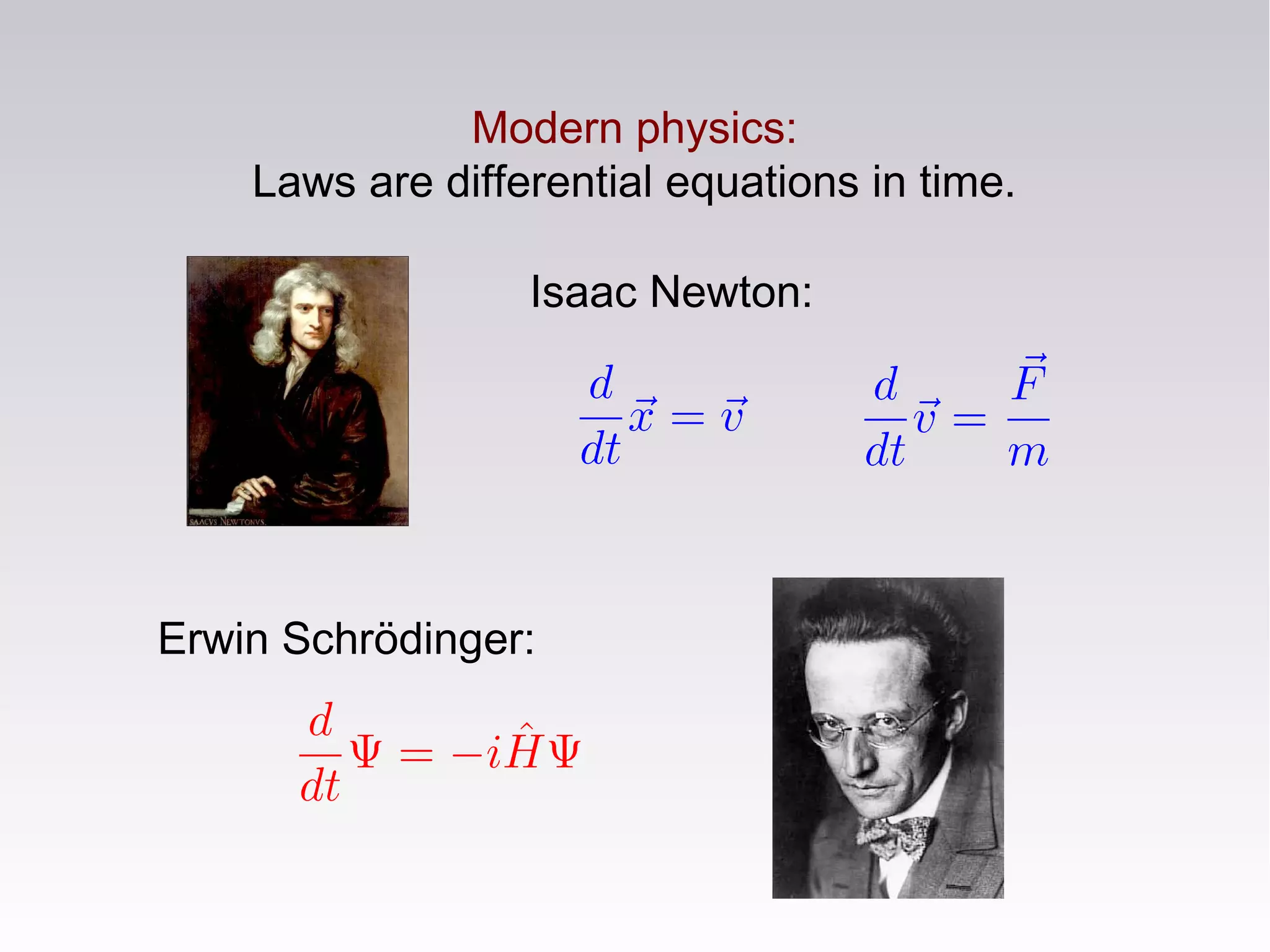 Modern physics:
Laws are differential equations in time.
Isaac Newton:
Erwin Schrödinger:
 