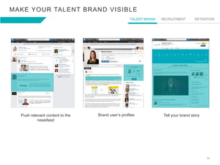 39
MAKE YOUR TALENT BRAND VISIBLE
Push relevant content to the
newsfeed
Brand user’s profiles Tell your brand story
TALENT...