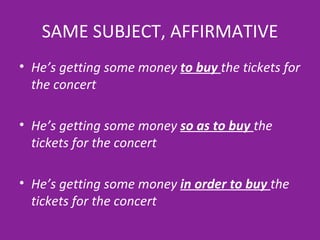 SAME SUBJECT, AFFIRMATIVE He’s getting some money  to buy  the tickets for the concert He’s getting some money  so as to buy  the tickets for the concert He’s getting some money  in order to buy  the tickets for the concert 