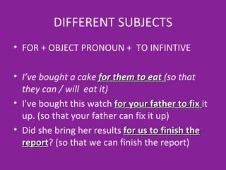 DIFFERENT SUBJECTS FOR + OBJECT PRONOUN +  TO INFINTIVE  I’ve bought a cake  for them to eat   (so that they can / will  eat it) I've bought this watch  for your father to fix  it up. (so that your father can fix it up) Did she bring her results  for us to finish the report ? (so that we can finish the report) 