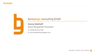 S E L B S T S I C H E R Z U M E R F O L G
Kontakt
Conny Dethloff
borisgloger consulting GmbH
Senior Management Consultant
...