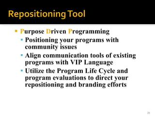 <ul><li>P urpose  D riven  P rogramming </li></ul><ul><ul><li>Positioning your programs with community issues </li></ul></...