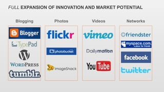 FULL EXPANSION OF INNOVATION AND MARKET POTENTIAL
Blogging Photos Videos Networks
 