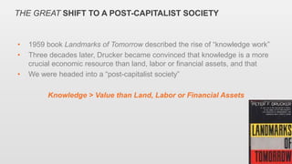 THE GREAT SHIFT TO A POST-CAPITALIST SOCIETY
• 1959 book Landmarks of Tomorrow described the rise of “knowledge work”
• Th...