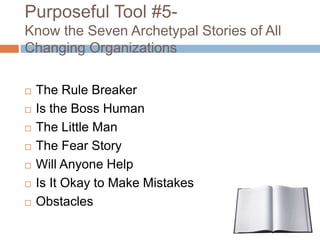 Purposeful Tool #5Know the Seven Archetypal Stories of All
Changing Organizations









The Rule Breaker
Is the Boss Human
The Little Man
The Fear Story
Will Anyone Help
Is It Okay to Make Mistakes
Obstacles

 