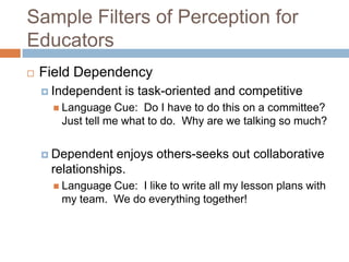 Sample Filters of Perception for
Educators


Field Dependency
 Independent

is task-oriented and competitive

 Language

Cue: Do I have to do this on a committee?
Just tell me what to do. Why are we talking so much?

 Dependent

enjoys others-seeks out collaborative
relationships.
 Language

Cue: I like to write all my lesson plans with
my team. We do everything together!

 