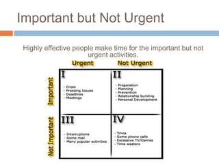 Important but Not Urgent
Highly effective people make time for the important but not
urgent activities.

 
