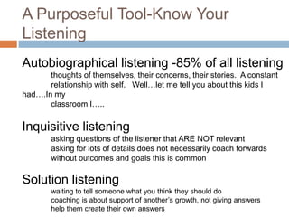 A Purposeful Tool-Know Your
Listening
Autobiographical listening -85% of all listening
thoughts of themselves, their conce...