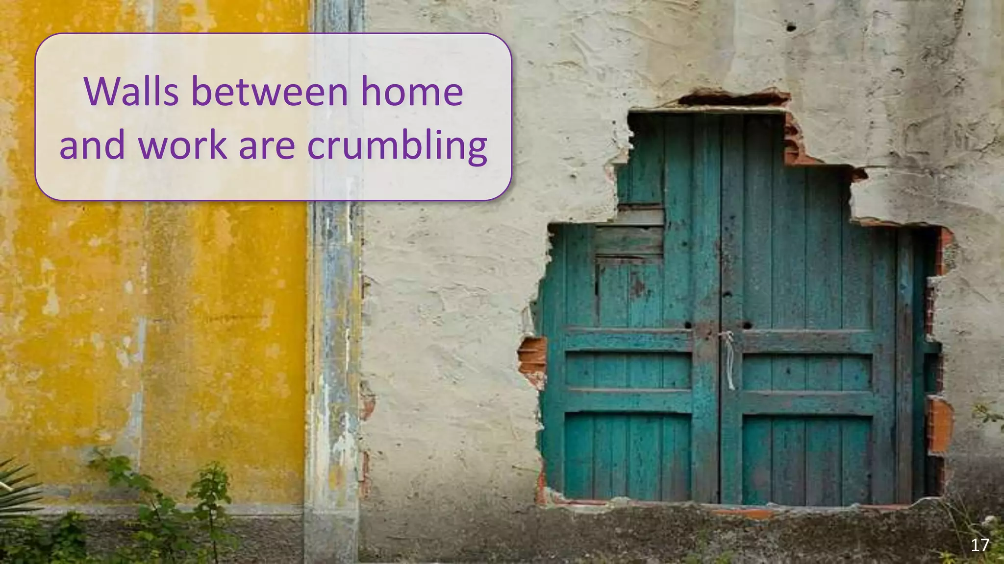 Walls between home
         and work are crumbling

                                                 And breaking down the boundary between
                                                 internal and external.
                                                 I think there will always be some
                                                 difference, but not what it once was




                                                                                          17
© 2010 - 2013 Constellation Research, Inc. All rights reserved.     Client Confidential
 