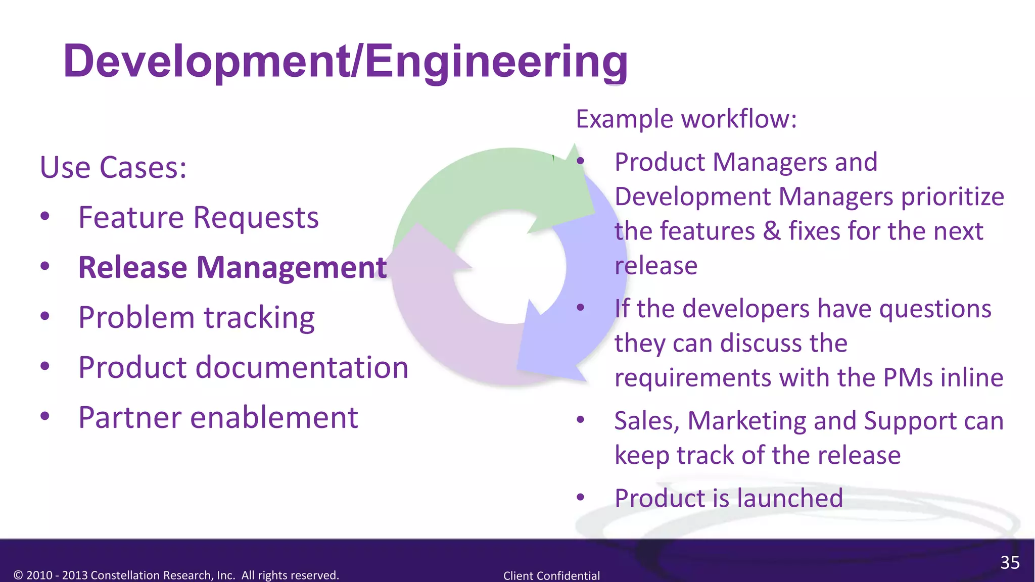 Development/Engineering
                                                                                Example workflow:
    Use Cases:                                                                  • Product Managers and
                                                                                   Development Managers prioritize
    • Feature Requests                                                             the features & fixes for the next
    • Release Management                                                           release
    • Problem tracking                                                          • If the developers have questions
                                                                                   they can discuss the
    • Product documentation                                                        requirements with the PMs inline
    • Partner enablement                                                        • Sales, Marketing and Support can
                                                                                   keep track of the release
                                                                                • Product is launched

                                                                                                                   35
© 2010 - 2013 Constellation Research, Inc. All rights reserved.   Client Confidential
 