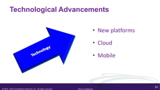 Technological Advancements

                                                                                    • New platforms

                                                                                    • Cloud

                                                                                    • Mobile



                                                                                                      10
© 2010 - 2013 Constellation Research, Inc. All rights reserved.   Client Confidential
 