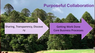 Purposeful Collaboration



        Sharing, Transparency, Discove                                              Getting Work Done
                      ry                                                          Core Business Processes




© 2010 - 2013 Constellation Research, Inc. All rights reserved.    Client Confidential
 
