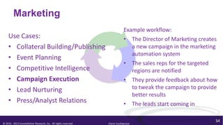 Marketing
                                                                               Example workflow:
    Use Cases:                                                                 • The Director of Marketing creates
    • Collateral Building/Publishing                                              a new campaign in the marketing
                                                                                  automation system
    • Event Planning
                                                                               • The sales reps for the targeted
    • Competitive Intelligence                                                    regions are notified
    • Campaign Execution                                                       • They provide feedback about how
    • Lead Nurturing                                                              to tweak the campaign to provide
                                                                                  better results
    • Press/Analyst Relations                                                  • The leads start coming in

                                                                                                                 34
© 2010 - 2013 Constellation Research, Inc. All rights reserved.   Client Confidential
 