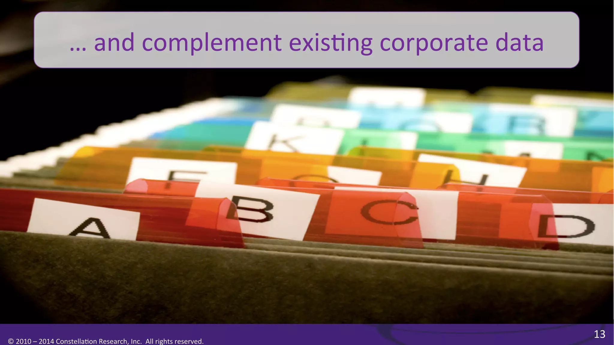 …	
  and	
  complement	
  exis0ng	
  corporate	
  data	
  

©	
  2010	
  –	
  2014	
  Constella0on	
  Research,	
  Inc.	
  	
  All	
  rights	
  reserved.	
  	
  	
  

13	
  

 