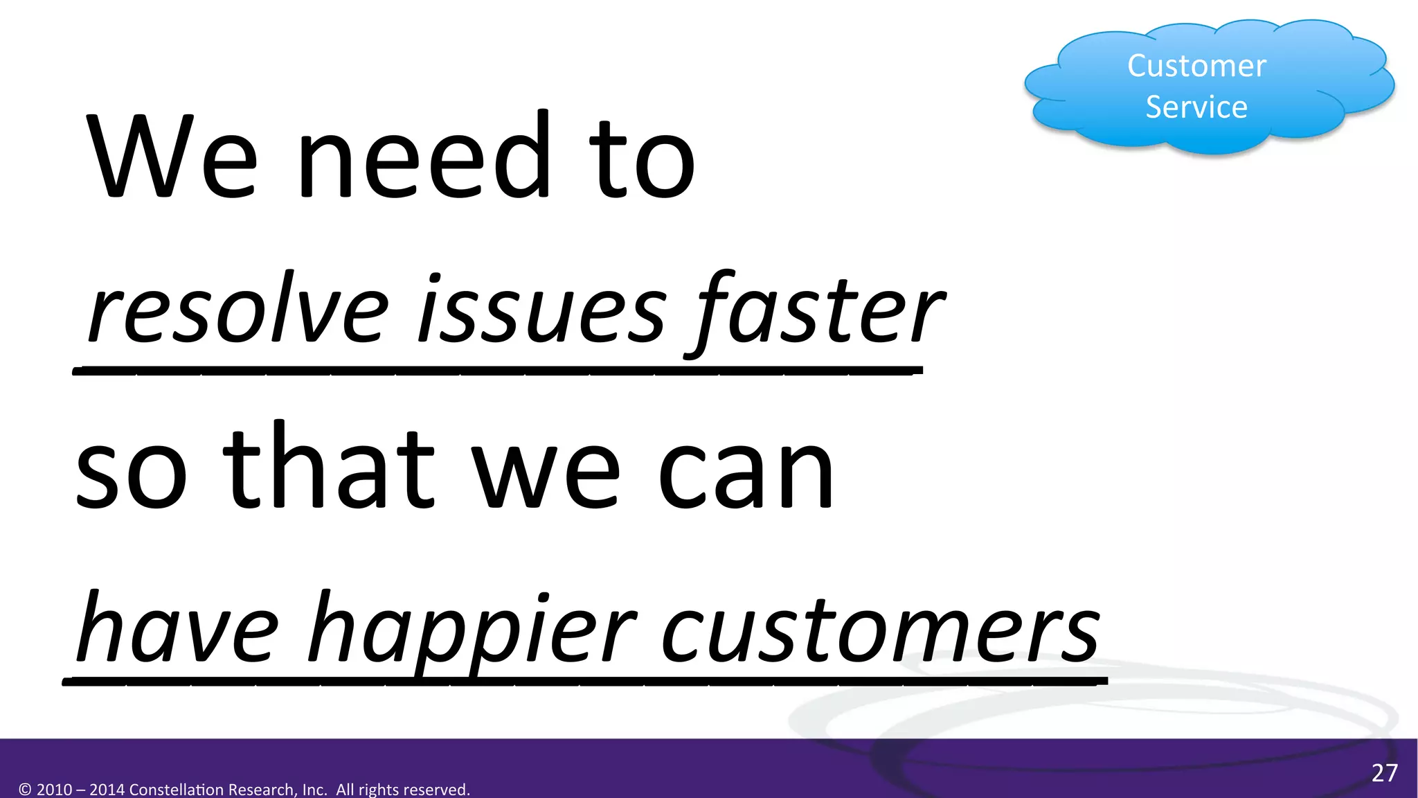 Customer	
  
Service	
  

We	
  need	
  to	
  
resolve	
  issues	
  faster
_____________	
  
so	
  that	
  we	
  can	
  
have	
  happier	
  customers	
  
________________	
  
	
  

©	
  2010	
  –	
  2014	
  Constella0on	
  Research,	
  Inc.	
  	
  All	
  rights	
  reserved.	
  	
  	
  

27	
  

 