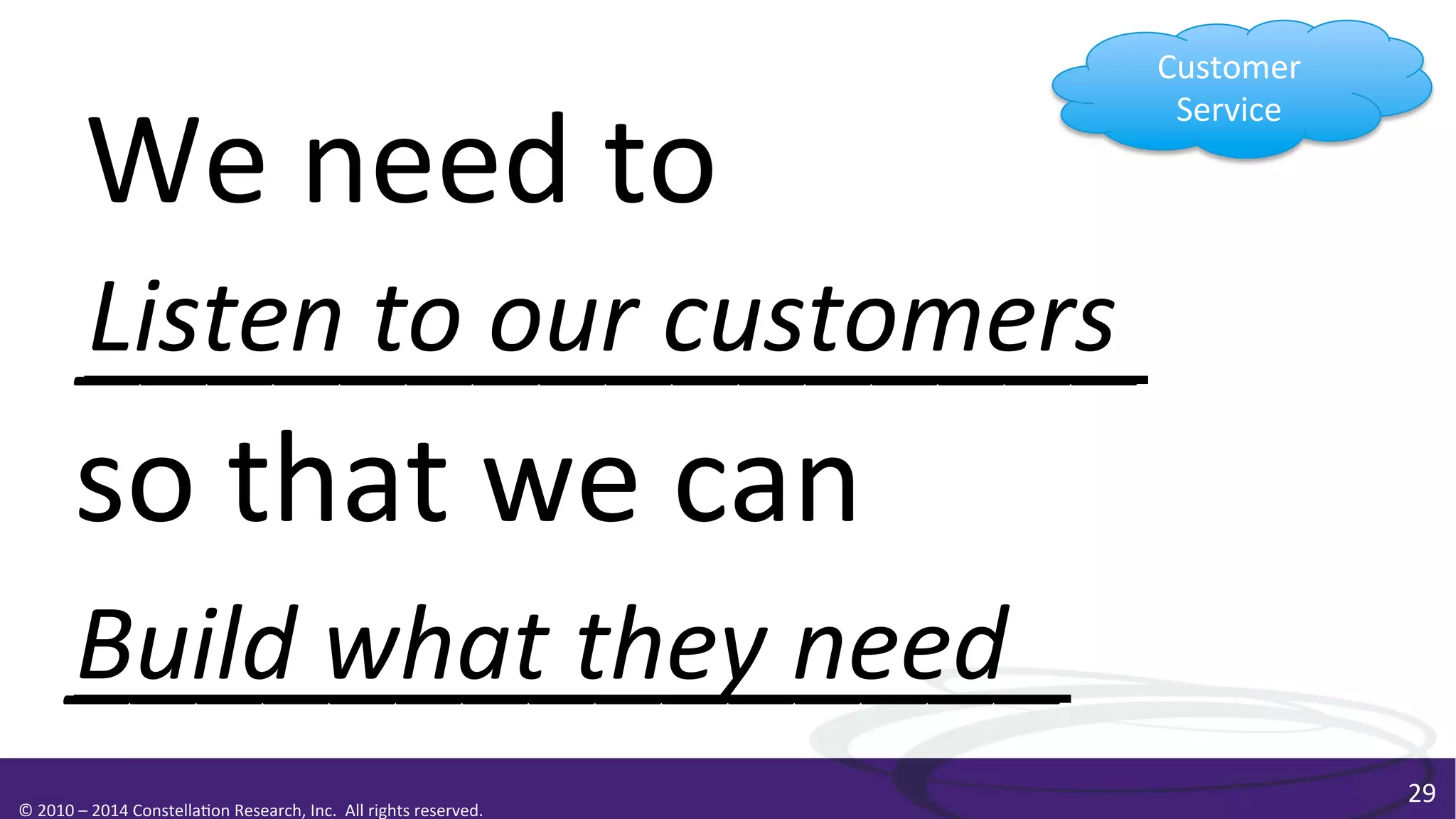 Customer	
  
Service	
  

We	
  need	
  to	
  
Listen	
  to	
  our	
  customers
________________	
  
so	
  that	
  we	
  can	
  
Build	
  what	
  they	
  need	
  
_______________	
  
	
  

©	
  2010	
  –	
  2014	
  Constella0on	
  Research,	
  Inc.	
  	
  All	
  rights	
  reserved.	
  	
  	
  

29	
  

 