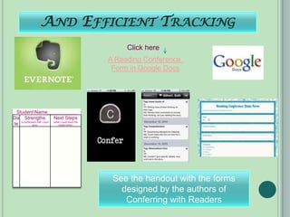 AND EFFICIENT TRACKING
                                                             Click here
                                                        A Reading Conference
                                                         Form in Google Docs




 Student Name___________
Da Strengths                  Next Steps
te (a compliment that I could (whatreader/writer) the
             give)
                                     I could teach




                                                         See the handout with the forms
                                                           designed by the authors of
                                                            Conferring with Readers
 