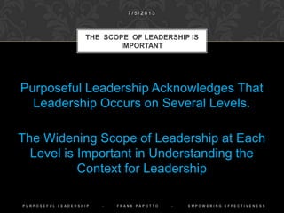 Purposeful Leadership Acknowledges That
Leadership Occurs on Several Levels.
The Widening Scope of Leadership at Each
Level is Important in Understanding the
Context for Leadership
THE SCOPE OF LEADERSHIP IS
IMPORTANT
1 0 / 9 / 2 0 1 4
P U R P O S E F U L L E A D E R S H I P - F R A N K P A P O T T O - E M P O W E R I N G E F F E C T I V E N E S S
 