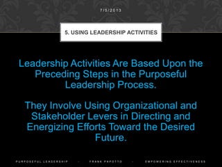 Interests and
Needs
Power and
Influence
Trust and
Cooperation
Contributions and
Resources
IDENTIFYING STAKEHOLDER
LEVERS
1 0 / 9 / 2 0 1 4
P U R P O S E F U L L E A D E R S H I P - F R A N K P A P O T T O - E M P O W E R I N G E F F E C T I V E N E S S
 