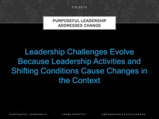 Leadership Challenges Evolve
Because Leaders’ Activities and
Shifting Conditions Cause Changes in
the Context
PURPOSEFUL LEADERSHIP
ADDRESSES CHANGE
1 0 / 9 / 2 0 1 4
P U R P O S E F U L L E A D E R S H I P - F R A N K P A P O T T O - E M P O W E R I N G E F F E C T I V E N E S S
 