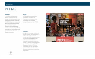 ESTUDO DE CASO

PEERS
DESAFIO
A Economia Compartilhada
(sharing economy) está sob
ameaça de interesses poderosos
(exemplo dos grande shotes em
NY ). A Airbnb proveu os recursos
de incubação necessários para
que trabalhássemos com
membros dos movimentos de
base da economia compartilhada
para criar uma comunidade global
que defendesse este novo
modelo econômico.

AÇÃO
A Purpose desenvolveu toda a
arquitetura, estratégia de
ﬁnanciamento e lançou o novo
movimento pela economia
compartilhada, chamado PEERS.

IMPACT0
Em apenas 12 semanas, o movimento
PEERS alcançou 100 mil membros e já
está ativamente desenvolvendo
campanhas focadas na regulamentação
da economia compartilhada e para
estimular que mais empresas e
indivíduos se incorporem a este novo
modelo. A operação online é estimulada
por um esforço de base global. Por
exemplo, os membros do PEERS
organizaram mais de 1.000 festas e
jantares coletivos para falar sobre
economia compartilhada e desenvolver
ações locais.

 