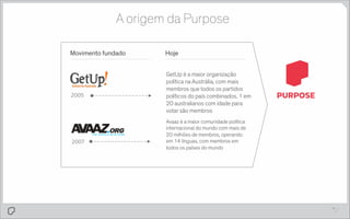 A origem da Purpose
Movimento fundado

2005

2007

Hoje
GetUp é a maior organização
política na Austrália, com mais
membros que todos os partidos
políticos do país combinados. 1 em
20 australianos com idade para
votar são membros
Avaaz é a maior comunidade política
internacional do mundo com mais de
20 milhões de membros, operando
em 14 línguas, com membros em
todos os países do mundo

A Purpose foi
fundada por cofundadores do
GetUp e Avaaz

pg.

 