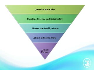 Question the Rules
Combine Science and Spirituality
Master the Duality Game
Attain a Blissful State
Activate
Purpose
 