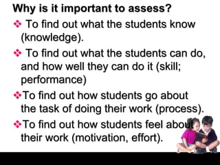 Why is it important to assess?
 To find out what the students know
(knowledge).
 To find out what the students can do,
and how well they can do it (skill;
performance)
To find out how students go about
the task of doing their work (process).
To find out how students feel about
their work (motivation, effort).
 