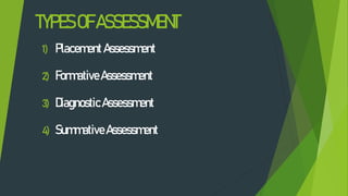 TYPESOFASSESSMENT
1) Placement Assessment
2) FormativeAssessment
3) DiagnosticAssessment
4) Summative Assessment
 