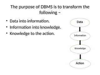The purpose of DBMS is to transform the
following −
• Data into information.
• Information into knowledge.
• Knowledge to the action.
 