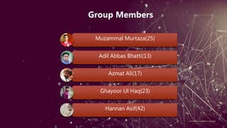 Muzammal Murtaza(25)
Adil Abbas Bhatti(13)
Azmat Ali(17)
Ghayoor Ul Haq(23)
Hannan Asif(42)
Group Members
 