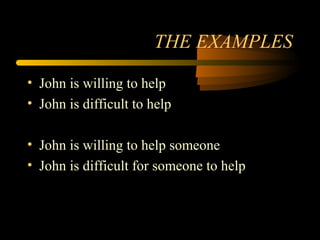 THE EXAMPLES

• John is willing to help
• John is difficult to help

• John is willing to help someone
• John is difficult for someone to help
 