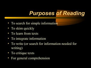 Purposes of Reading
• To search for simple information
• To skim quickly
• To learn from texts
• To integrate information
• To write (or search for information needed for
  writing)
• To critique texts
• For general comprehension
 